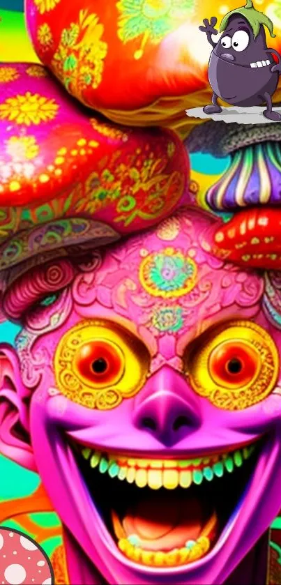 Bright psychedelic art with vivid colors and surreal characters.