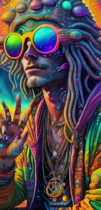 Vibrant psychedelic art with colorful character and abstract design.