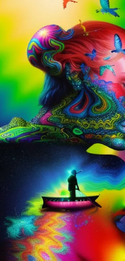 Colorful psychedelic art with vivid, swirling patterns on a mobile wallpaper.