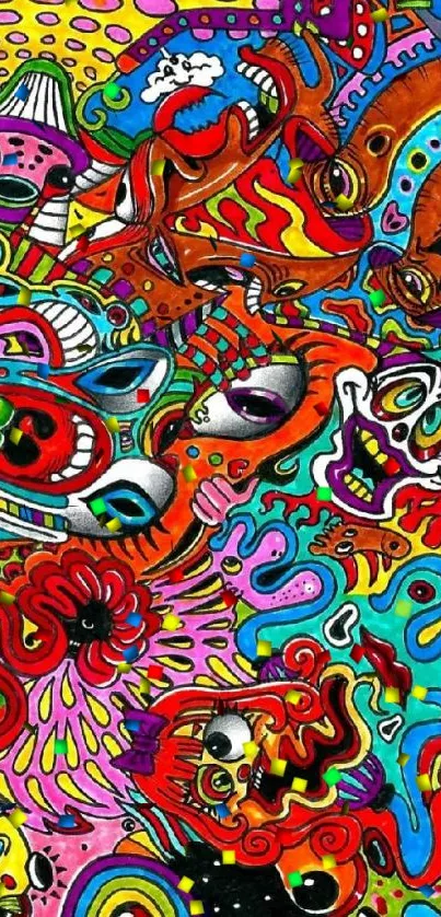 Vibrant and colorful psychedelic art wallpaper with abstract and surreal patterns.