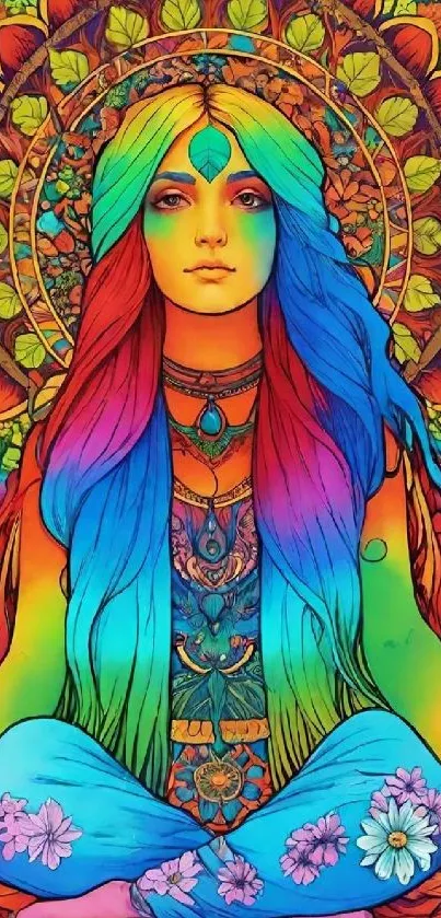 Colorful psychedelic art wallpaper featuring a meditative figure with mandala design.