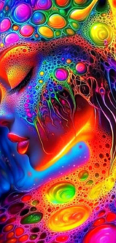 Psychedelic vibrant abstract woman portrait in colorful hues.
