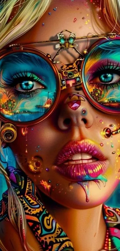 Close-up of vibrant psychedelic art featuring a woman's face with intricate designs.