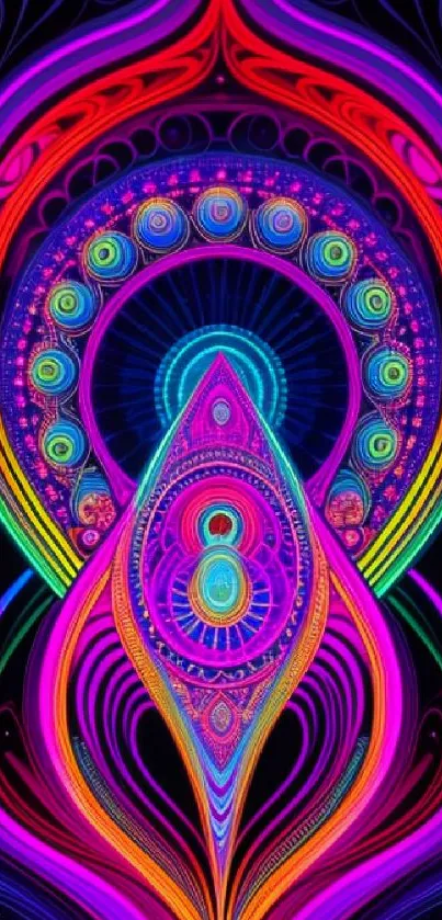 Vibrant psychedelic art wallpaper with neon colors and abstract patterns.