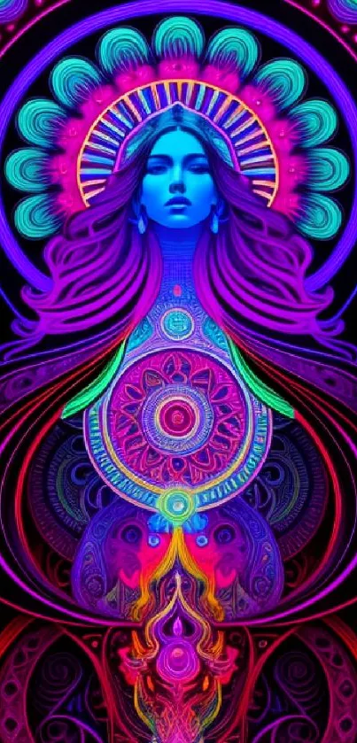 Vibrant psychedelic art with blue deity and mandala patterns.