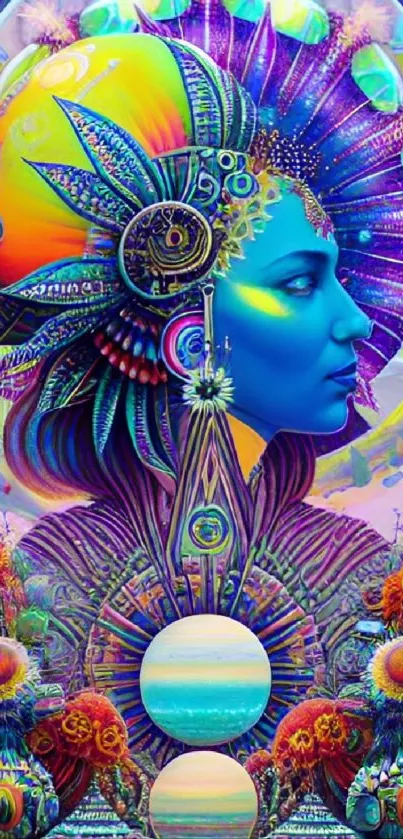 Psychedelic artwork of a woman's face with vibrant blue and colorful patterns.