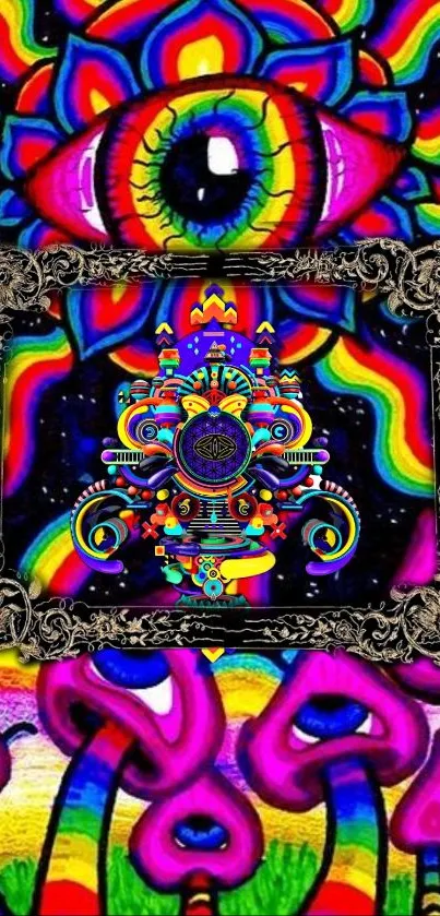 Psychedelic art wallpaper with vibrant colors and abstract patterns.