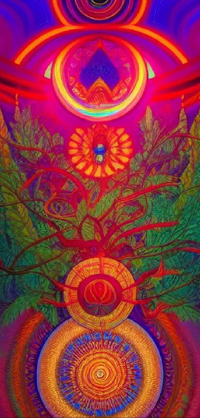 Vibrant psychedelic art wallpaper with colorful cosmic patterns.