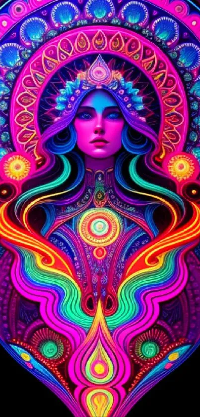 Bright psychedelic art wallpaper with vibrant colors and intricate patterns.