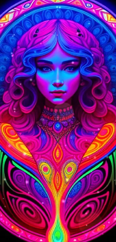 Vibrant psychedelic art wallpaper with intricate patterns and vivid colors.