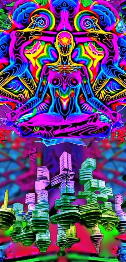 Vibrant psychedelic art wallpaper with neon colors and abstract design.