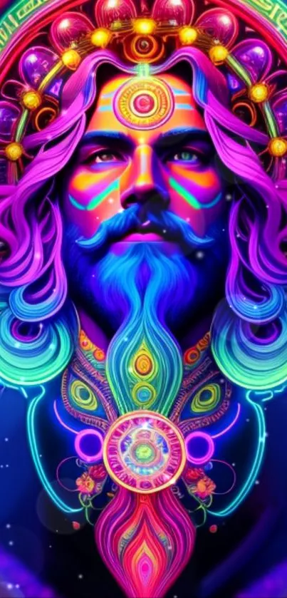 Colorful psychedelic art with neon hues and mystical patterns on mobile wallpaper.