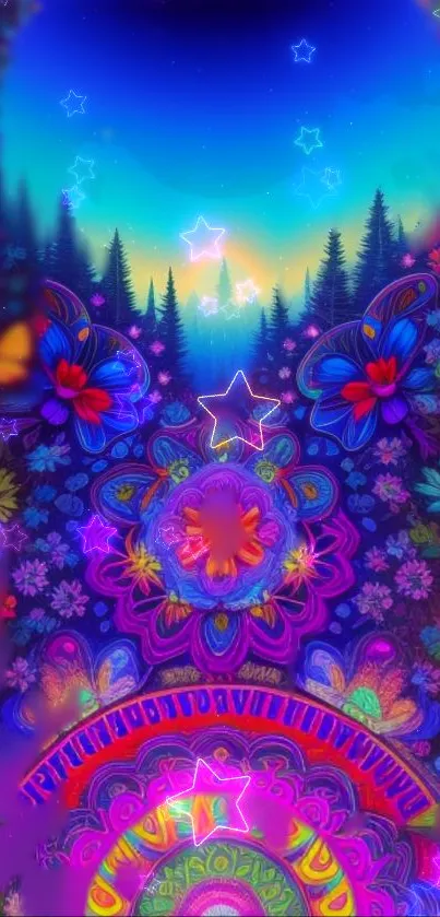 Vibrant psychedelic art with mandalas and glowing stars.