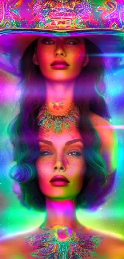 Psychedelic art wallpaper with vibrant colors and two women.