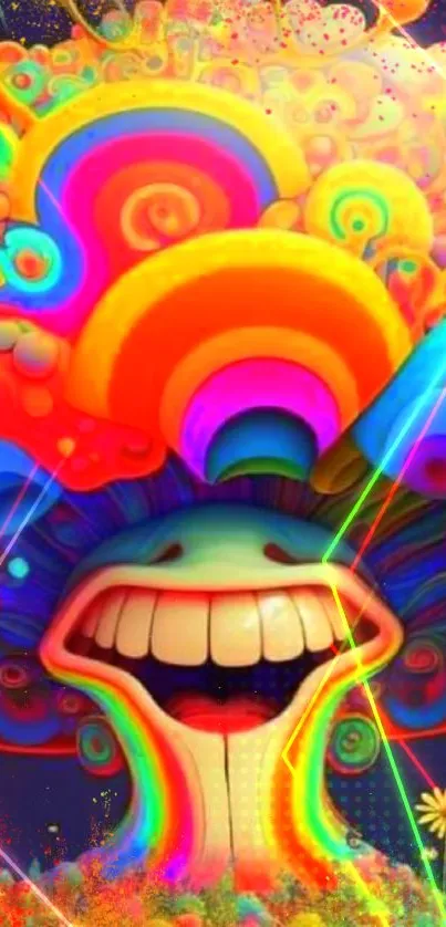 Vibrant psychedelic wallpaper with colorful abstract patterns and smiling face.