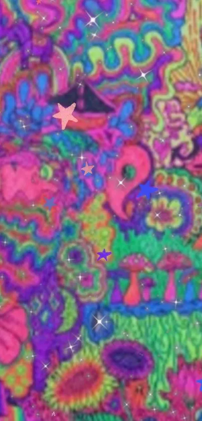 Vibrant psychedelic wallpaper with neon colors and abstract design elements.