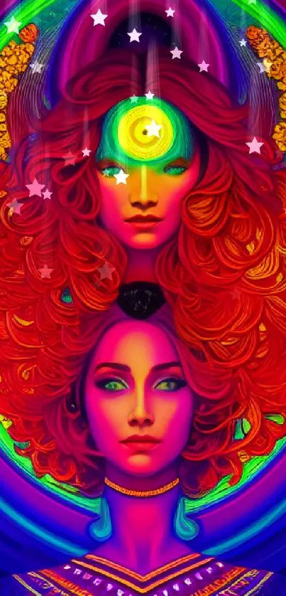 Colorful psychedelic artwork featuring two faces and intricate patterns.