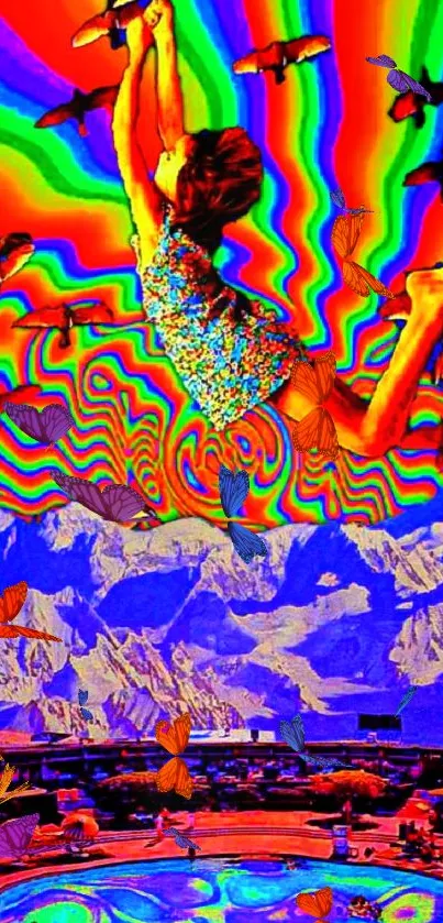 Psychedelic wallpaper with vibrant colors and surreal imagery featuring a flying figure.