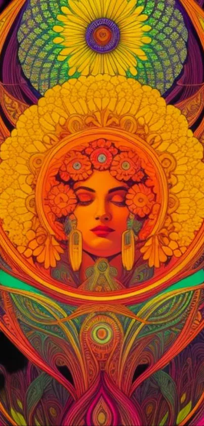 Colorful psychedelic art with vibrant floral patterns and mystical themes.