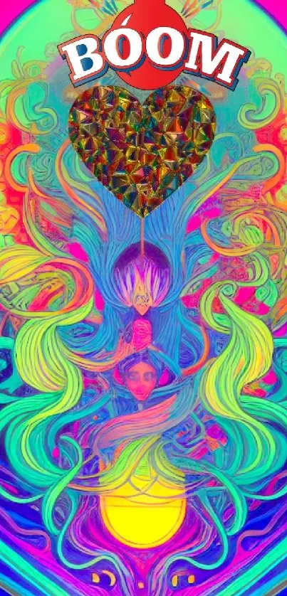 Psychedelic art wallpaper with vibrant colors and a heart design.