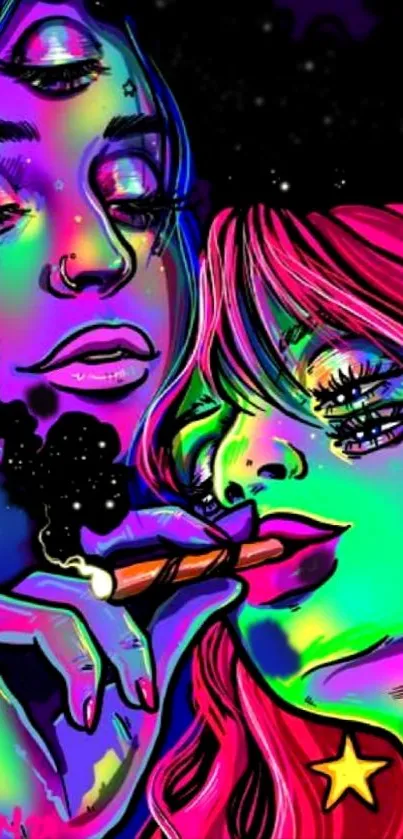 Vibrant neon psychedelic art wallpaper with abstract characters.