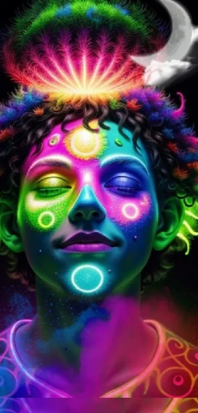 Psychedelic neon art of a serene face with vibrant colors.