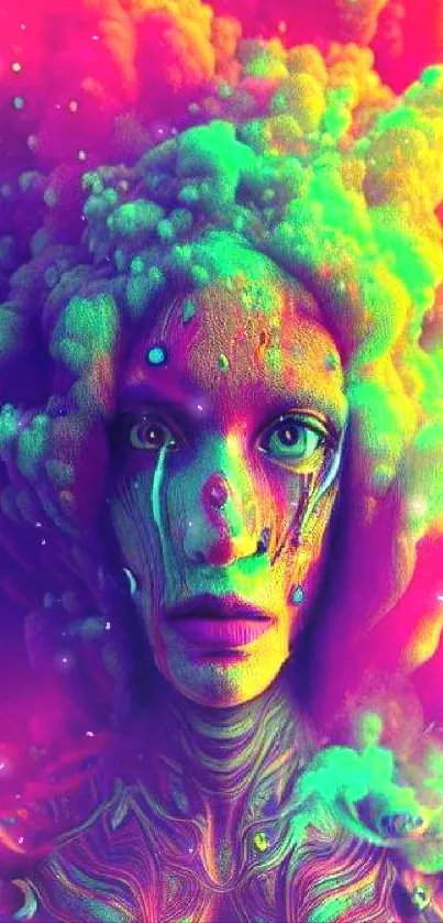 Psychedelic artwork with vibrant magenta colors and a surreal face design.