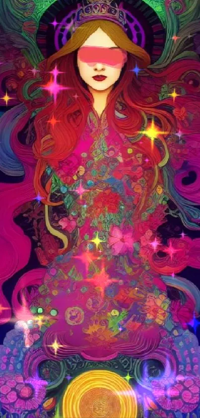 Vibrant psychedelic art wallpaper with a colorful figure and abstract patterns.