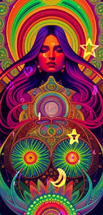 Vibrant psychedelic art wallpaper featuring intricate cosmic design.