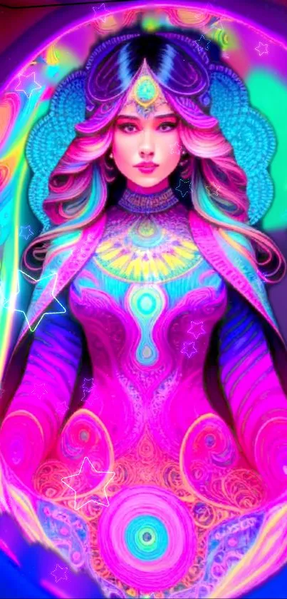Vibrant psychedelic art wallpaper featuring mystical colors and patterns.