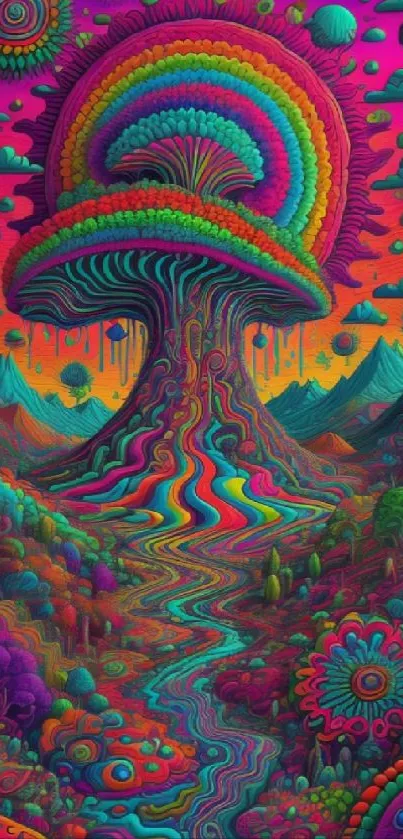 Colorful psychedelic landscape with rainbow tree and vibrant patterns.