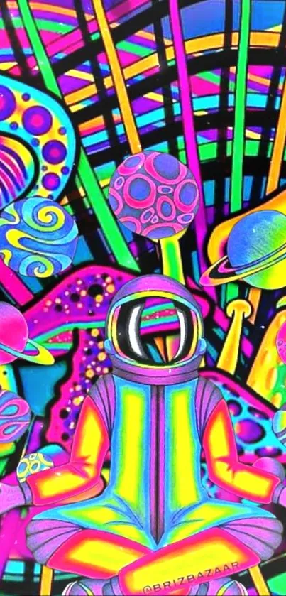 Vibrant psychedelic astronaut surrounded by colorful cosmic patterns.