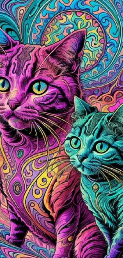 Colorful psychedelic cats in vibrant art design.