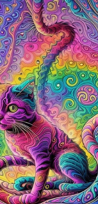 Psychedelic cat wallpaper with vibrant swirls and colorful patterns.