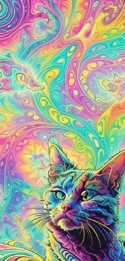 Colorful psychedelic cat with swirls.