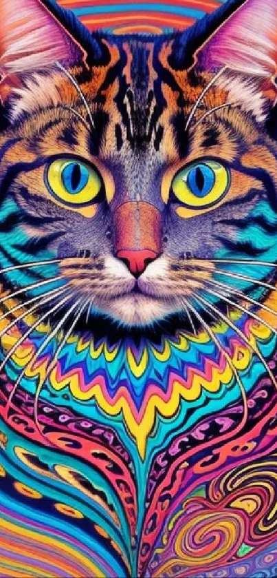 Psychedelic cat art with vibrant, colorful patterns and neon details.