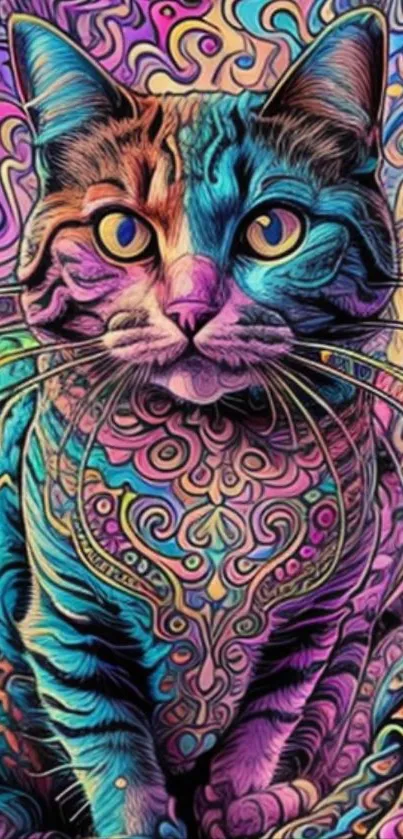 Colorful psychedelic cat art with vibrant patterns and colors.