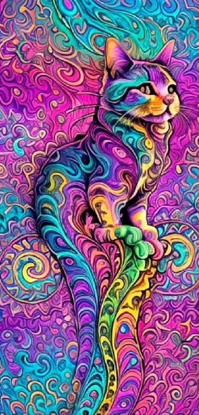 Psychedelic cat wallpaper with vibrant colors and abstract patterns.