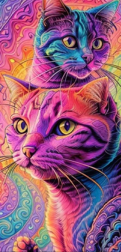 Psychedelic cats with vibrant colors in a digital art wallpaper.