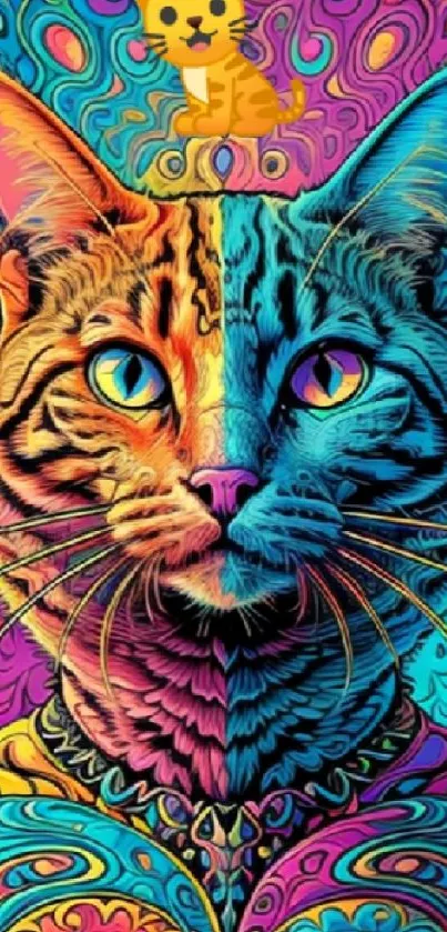 Vibrant psychedelic cat artwork with bold colors and intricate patterns.