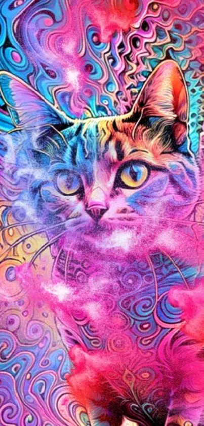 Psychedelic art of a cat with vibrant colors.