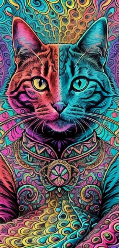 Vibrant psychedelic cat artwork with detailed patterns.