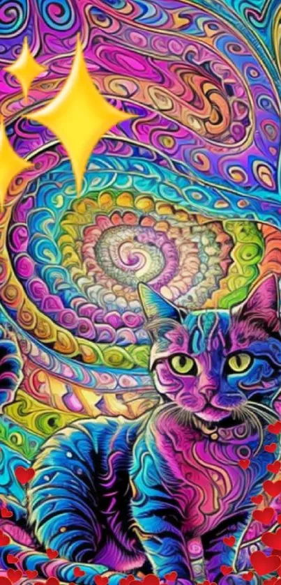 Vibrant psychedelic wallpaper featuring a colorful cat and swirling patterns.