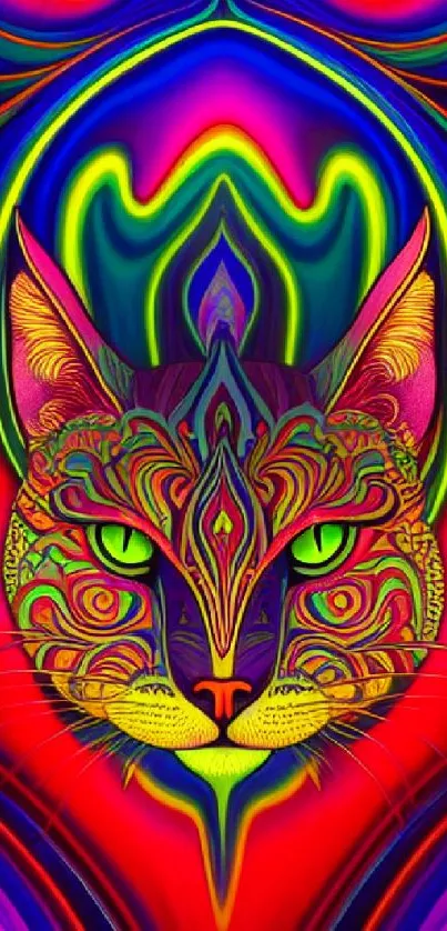 Psychedelic cat illustration with vibrant colors and abstract design.