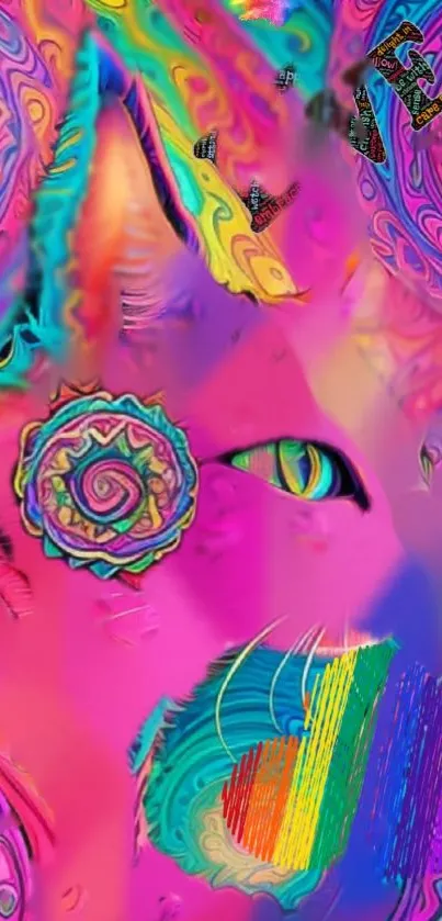 Psychedelic cat wallpaper with vibrant colors and swirls.