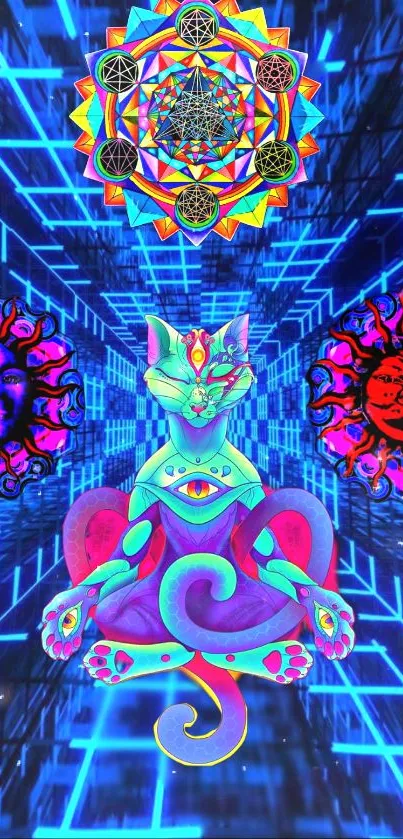 Vibrant psychedelic cat meditating in neon grid design.