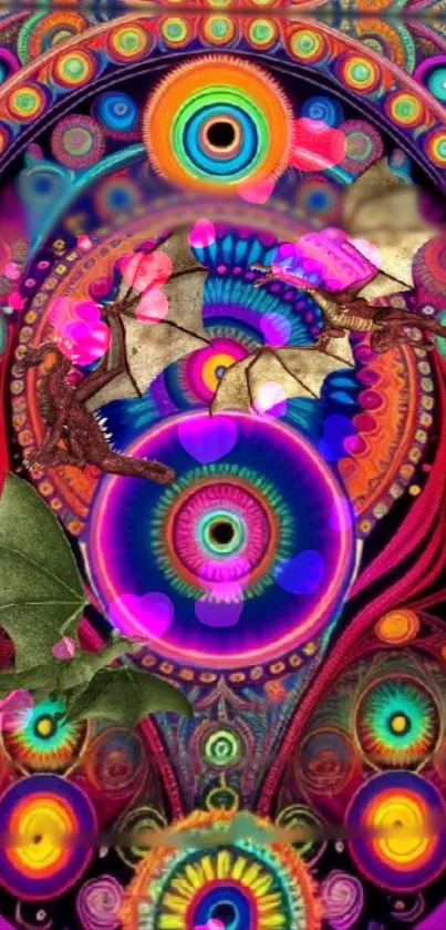 Vibrant psychedelic dragon art wallpaper with colorful abstract designs.