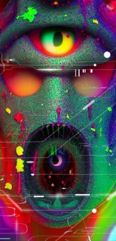 Psychedelic eye design with vivid neon colors for mobile wallpaper.