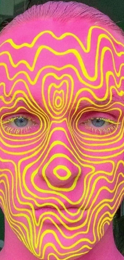 Psychedelic face art with neon pink and yellow patterns.