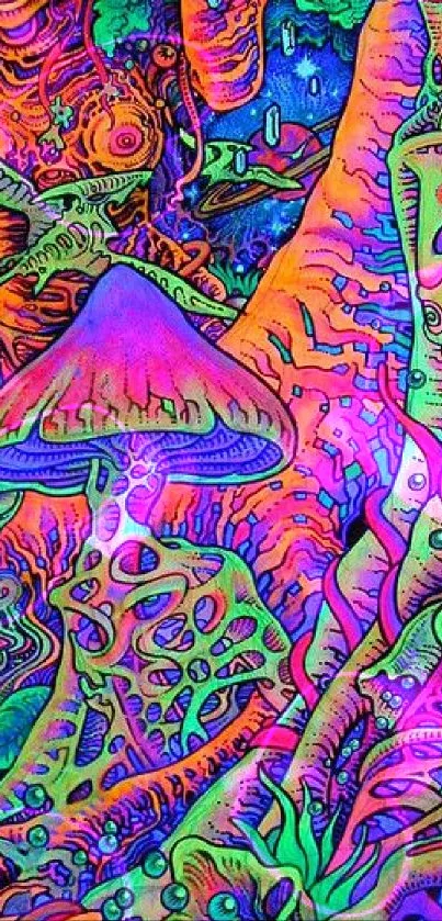 Vibrant psychedelic forest wallpaper with neon colors and mushrooms.